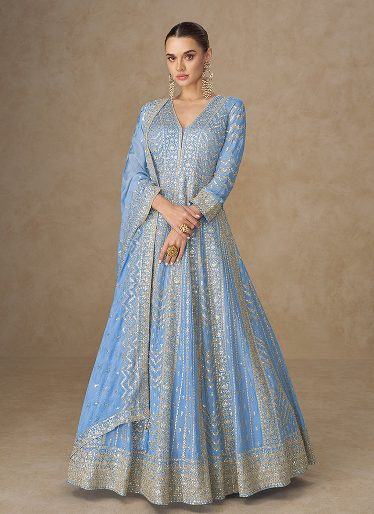 Buy French Blue Embroidered Festive Wear Anarkali Suit Online | Hatkay Buy French Blue Embroidered Festive Wear Anarkali Suit Online | Hatkay