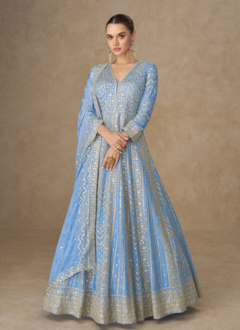 French Blue Embroidered Festive Wear Anarkali Suit