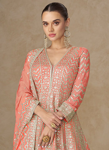 Coral Peach Embroidered Festive Wear Anarkali Suit