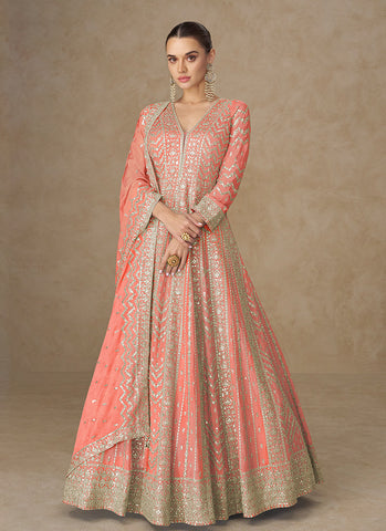 Coral Peach Embroidered Festive Wear Anarkali Suit