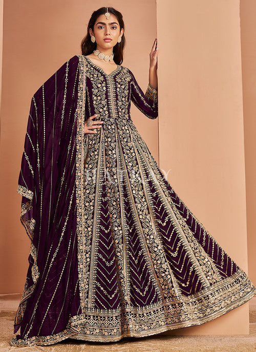 Deep Wine Embroidery Anarkali Suit