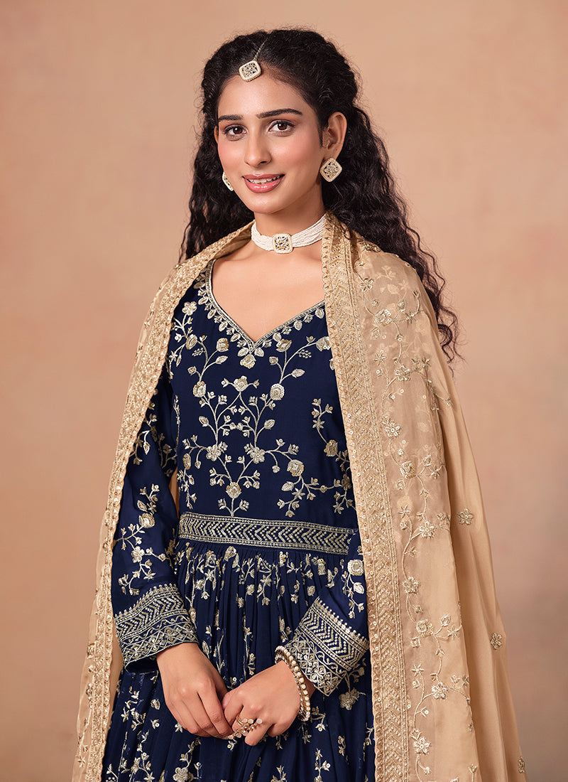 Dark Blue Embroidery Anarkali Suit