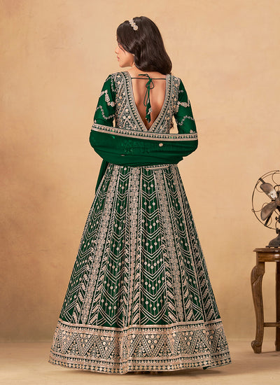 Dark Green Cording Embroidery Anarkali Suit