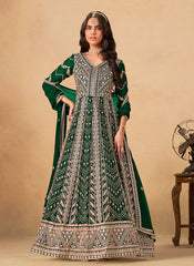 Dark Green Cording Embroidery Anarkali Suit