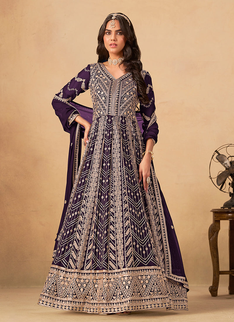 Deep Purple Cording Embroidery Anarkali Suit
