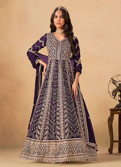Deep Purple Cording Embroidery Anarkali Suit