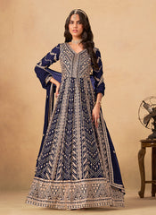 Indigo Blue Cording Embroidery Anarkali Suit