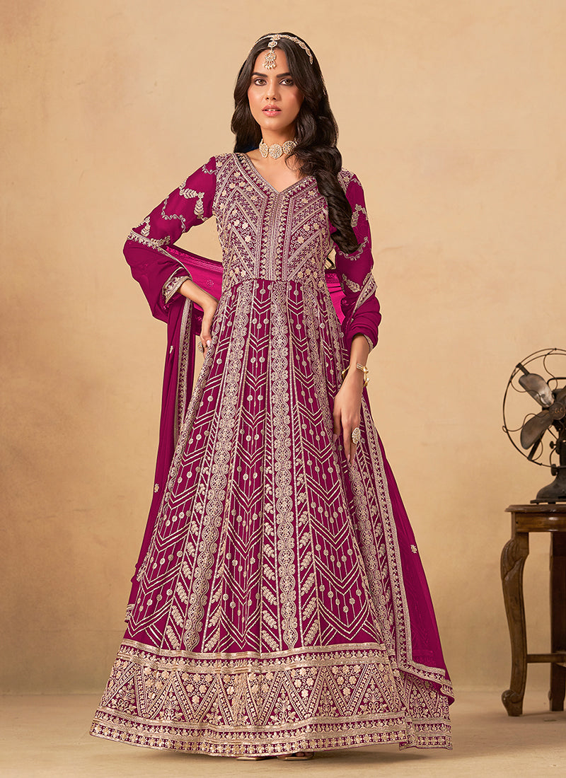 Magenta Pink Cording Embroidery Anarkali Suit