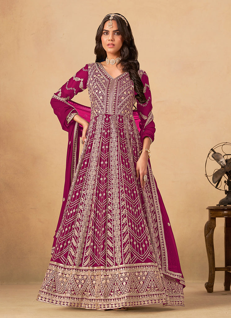 Magenta Pink Cording Embroidery Anarkali Suit