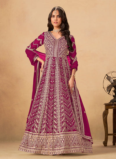 Magenta Pink Cording Embroidery Anarkali Suit
