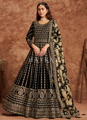 Black Golden Velvet Anarkali Suit