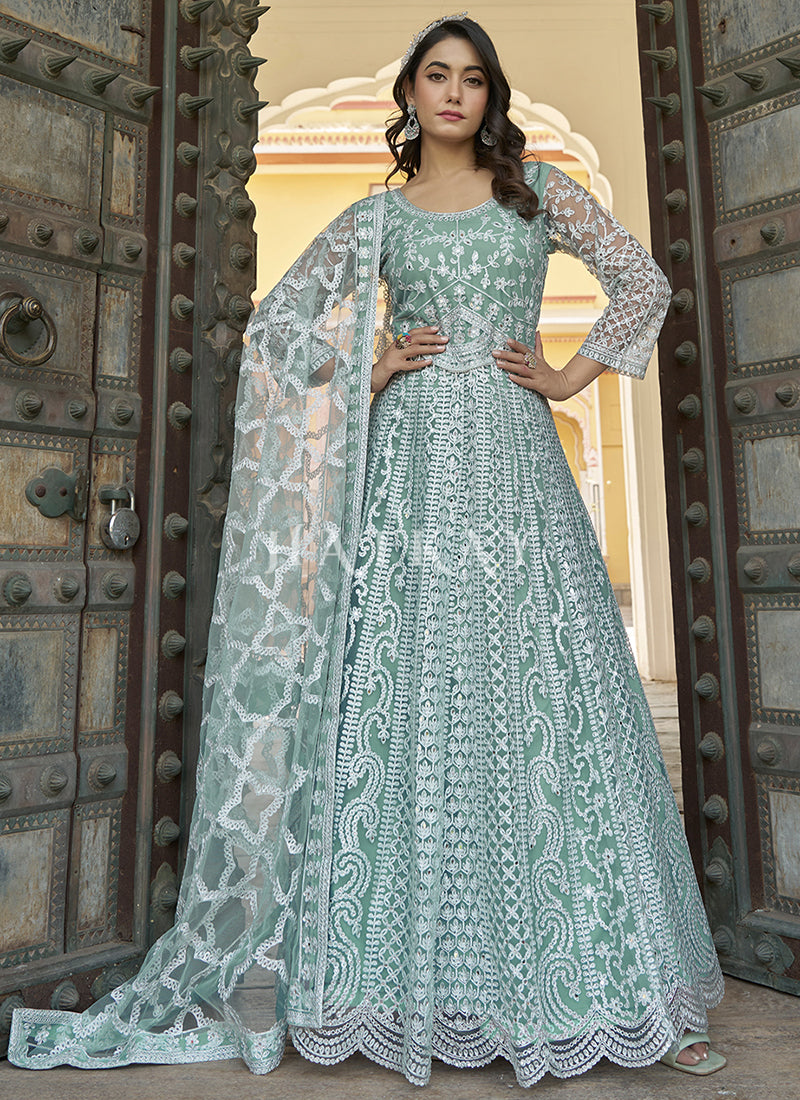 Sea Green Embroidery Wedding Anarkali Suit