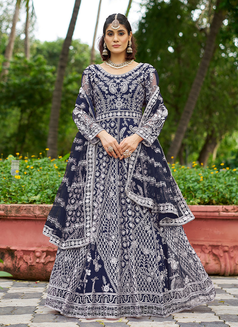 Navy Blue Cording Embroidery Wedding Anarkali Suit