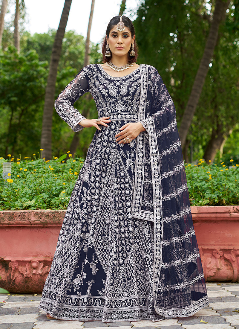 Navy Blue Cording Embroidery Wedding Anarkali Suit