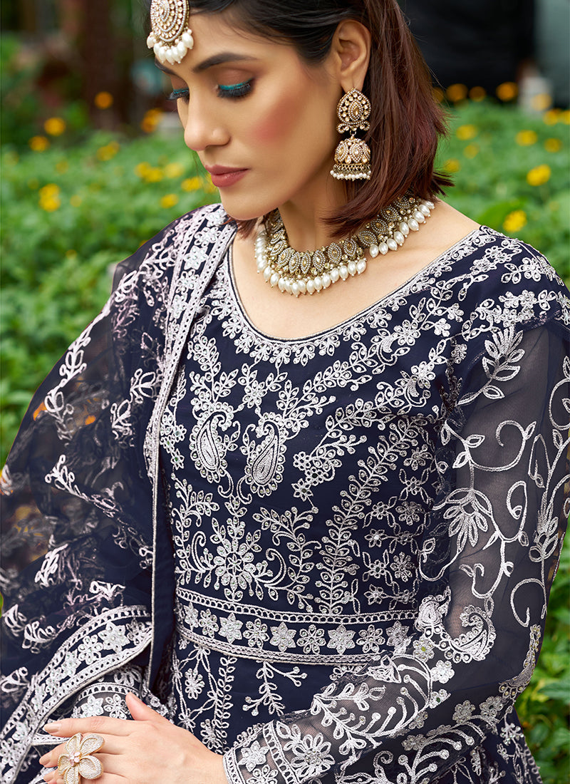 Navy Blue Cording Embroidery Wedding Anarkali Suit