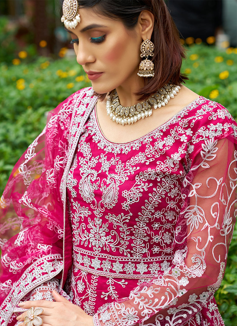 Magenta Pink Cording Embroidery Wedding Anarkali Suit