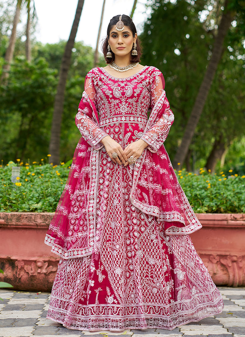 Magenta Pink Cording Embroidery Wedding Anarkali Suit