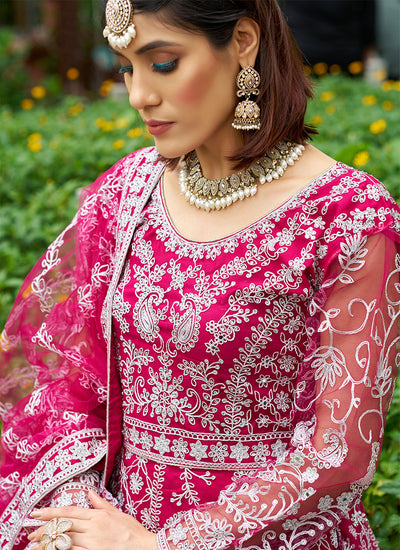 Magenta Pink Cording Embroidery Wedding Anarkali Suit