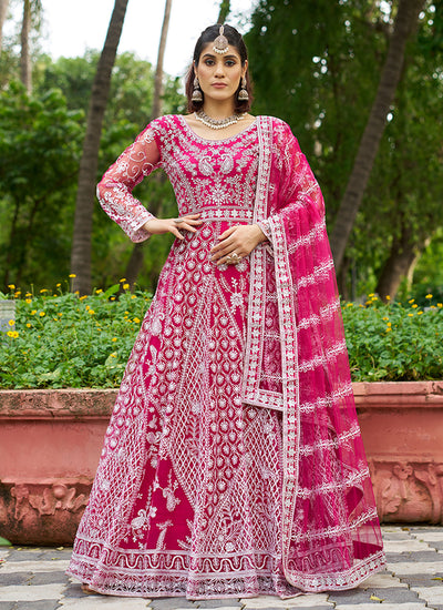 Magenta Pink Cording Embroidery Wedding Anarkali Suit