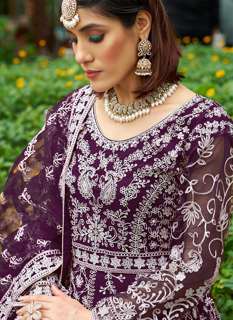 Deep Purple Cording Embroidery Wedding Anarkali Suit