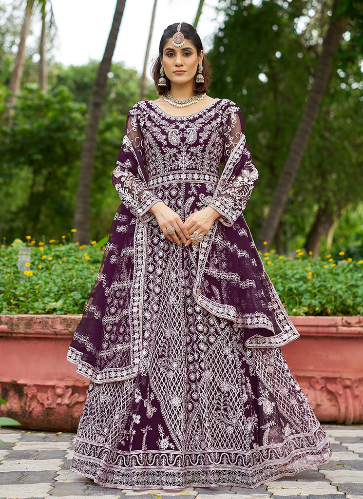 Deep Purple Cording Embroidery Wedding Anarkali Suit