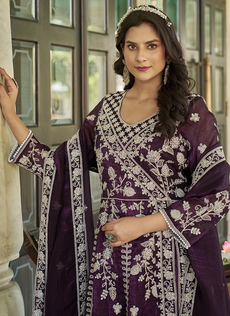 Buy Wine Front Slit Style Anarkali Suit In UK