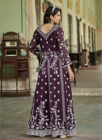 Deep Wine Embroidered Front Slit Style Anarkali Suit