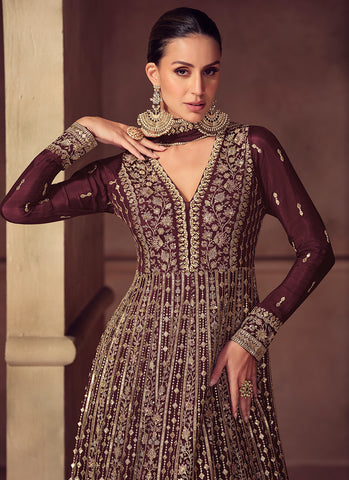 Deep Maroon Embroidered Party Wear Anarkali Suit