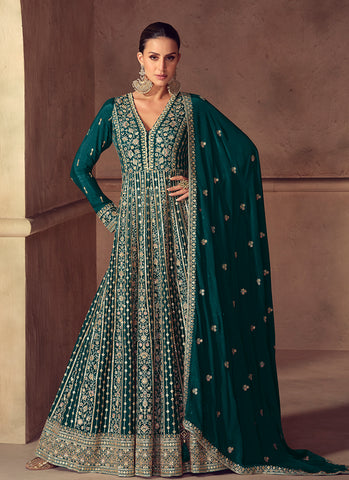 Dark Green Embroidered Party Wear Anarkali Suit