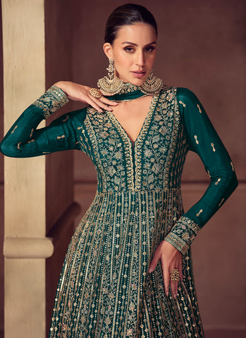 Dark Green Embroidered Party Wear Anarkali Suit
