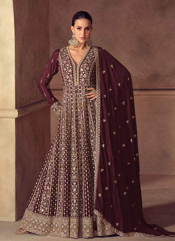 Deep Maroon Embroidered Party Wear Anarkali Suit