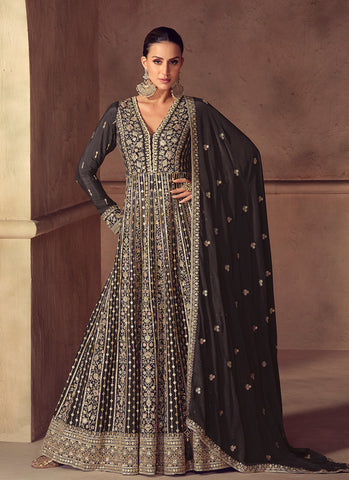 Dark Brown Embroidered Party Wear Anarkali Suit