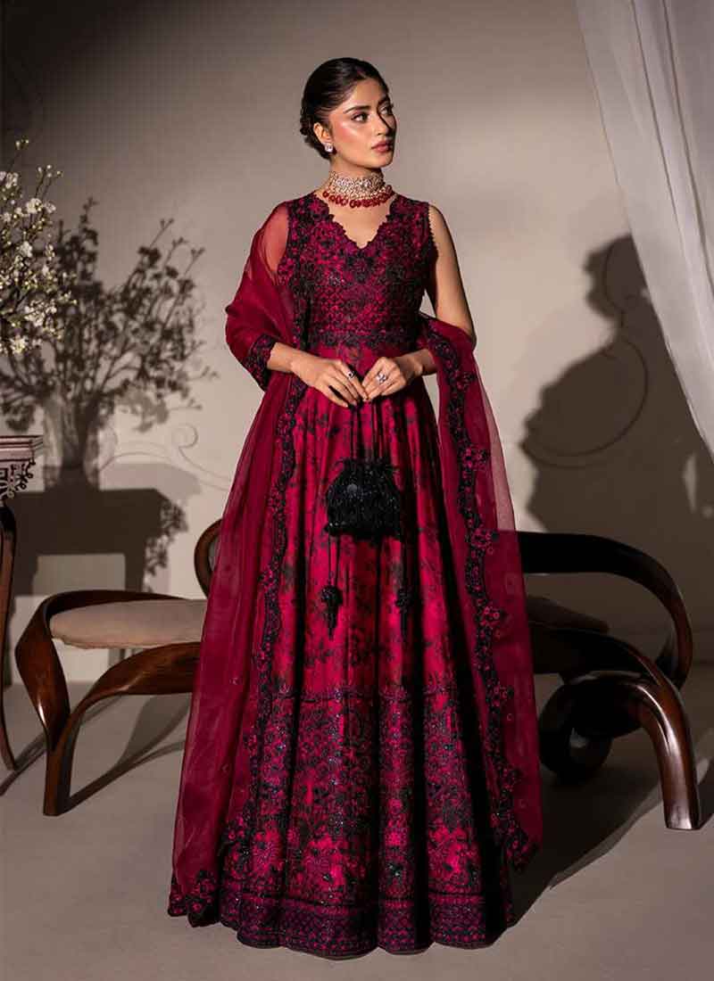  Wine Red Embroidery Silk Anarkali Suit