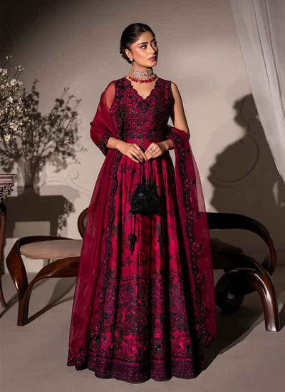  Wine Red Embroidery Silk Anarkali Suit