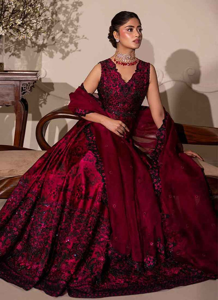 Buy Faiza Saqlain Wine Red Shamose Silk Anarkali Suit In USA Buy Faiza Saqlain Wine Red Shamose Silk Anarkali Suit In USA