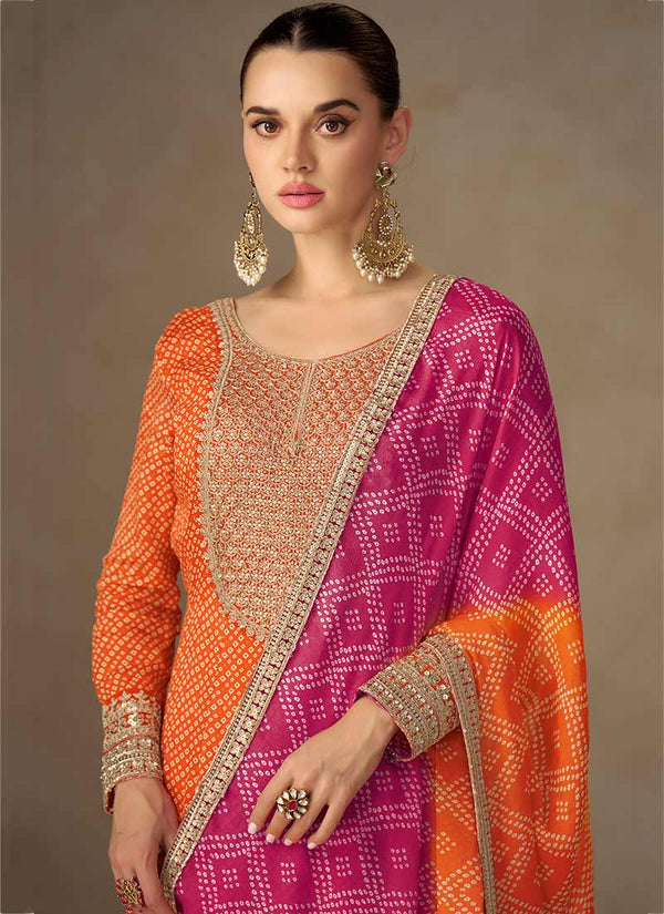 Orange Embroidered Anarkali Suit With Pink Bandhani Dupatta