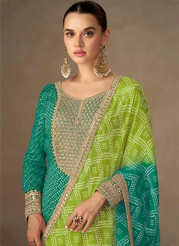 Teal Embroidered Anarkali Suit With Green Bandhani Dupatta