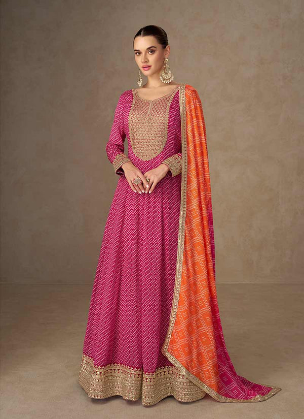 Pink Embroidered Anarkali Suit With Orange Bandhani Dupatta