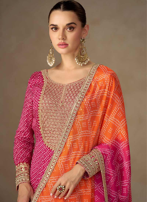Pink Embroidered Anarkali Suit With Orange Bandhani Dupatta