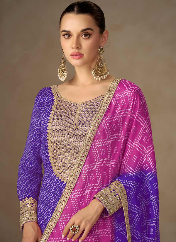 Purple Embroidered Anarkali Suit With Pink Bandhani Dupatta