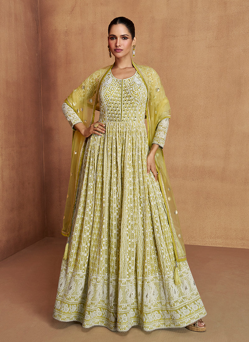 Lime Green Lucknowi Embroidery Anarkali Gown 