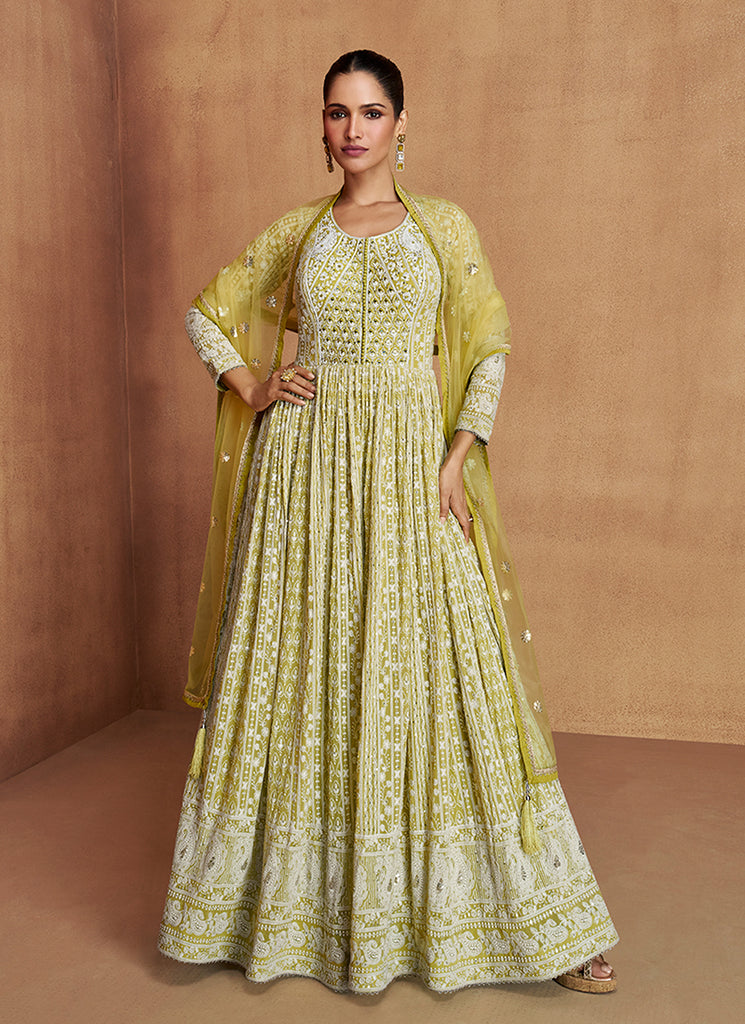 Lime Green Lucknowi Embroidery Anarkali Gown 