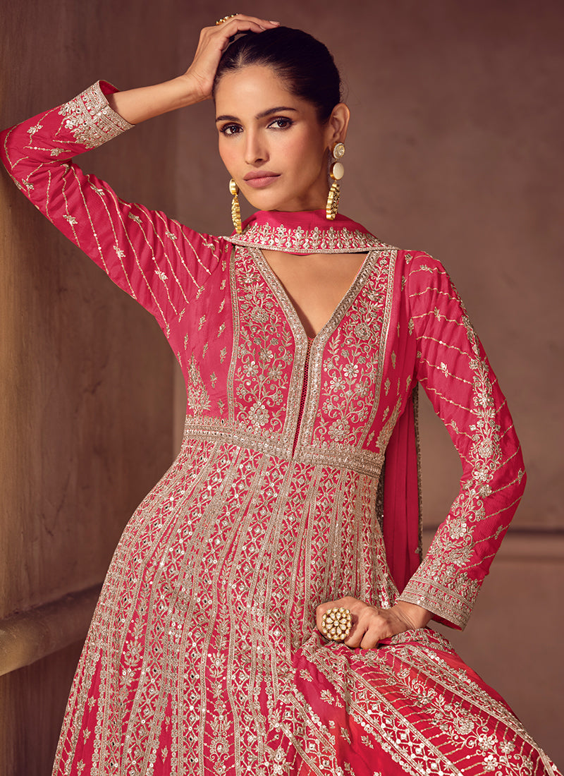 Red Ombre Embroidery Wedding Anarkali Gown