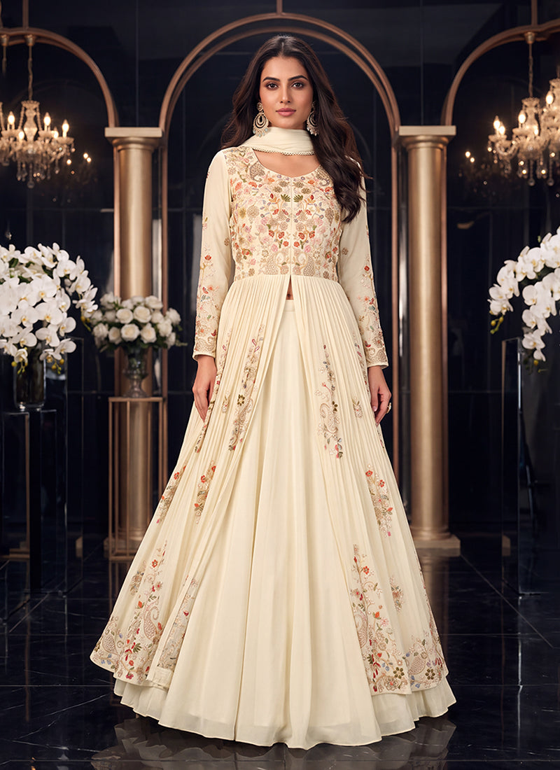 Ivory Multicoloured Embroidered Slit Style Anarkali Lehenga