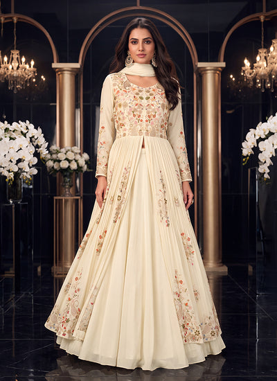 Ivory Multicoloured Embroidered Slit Style Anarkali Lehenga