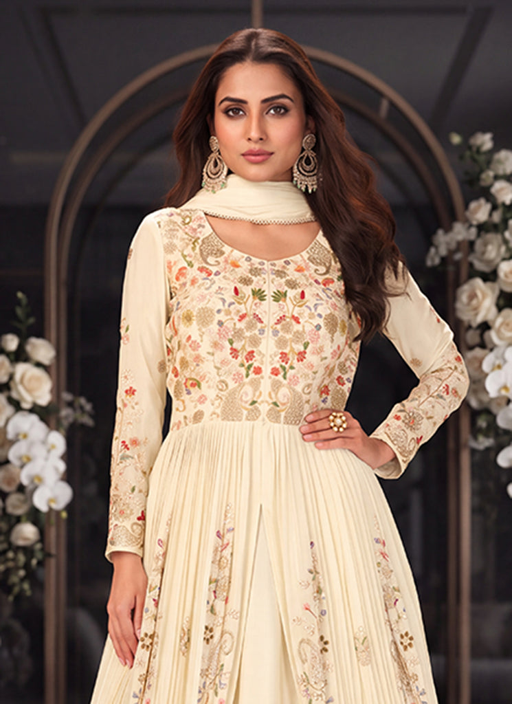 Shop Ivory Embroidered Slit Style Anarkali Lehenga In Singapore