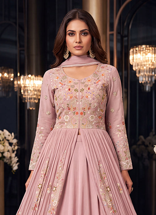 Shop Dusty Pink Slit Style Anarkali Lehenga In USA