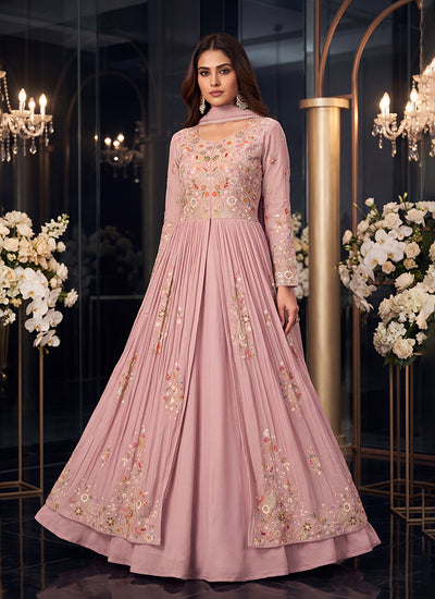 Dusty Pink Multicoloured Embroidered Slit Style Anarkali Lehenga