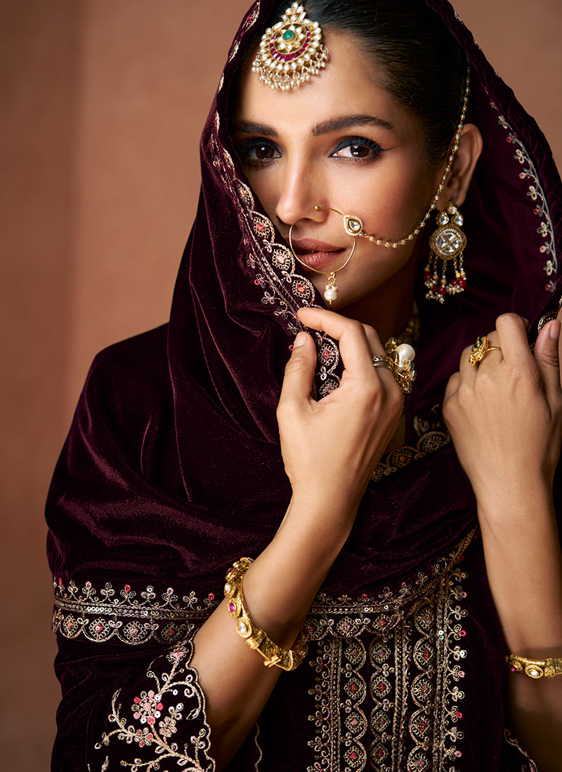 Buy Maroon Anarkali Lehenga In USA