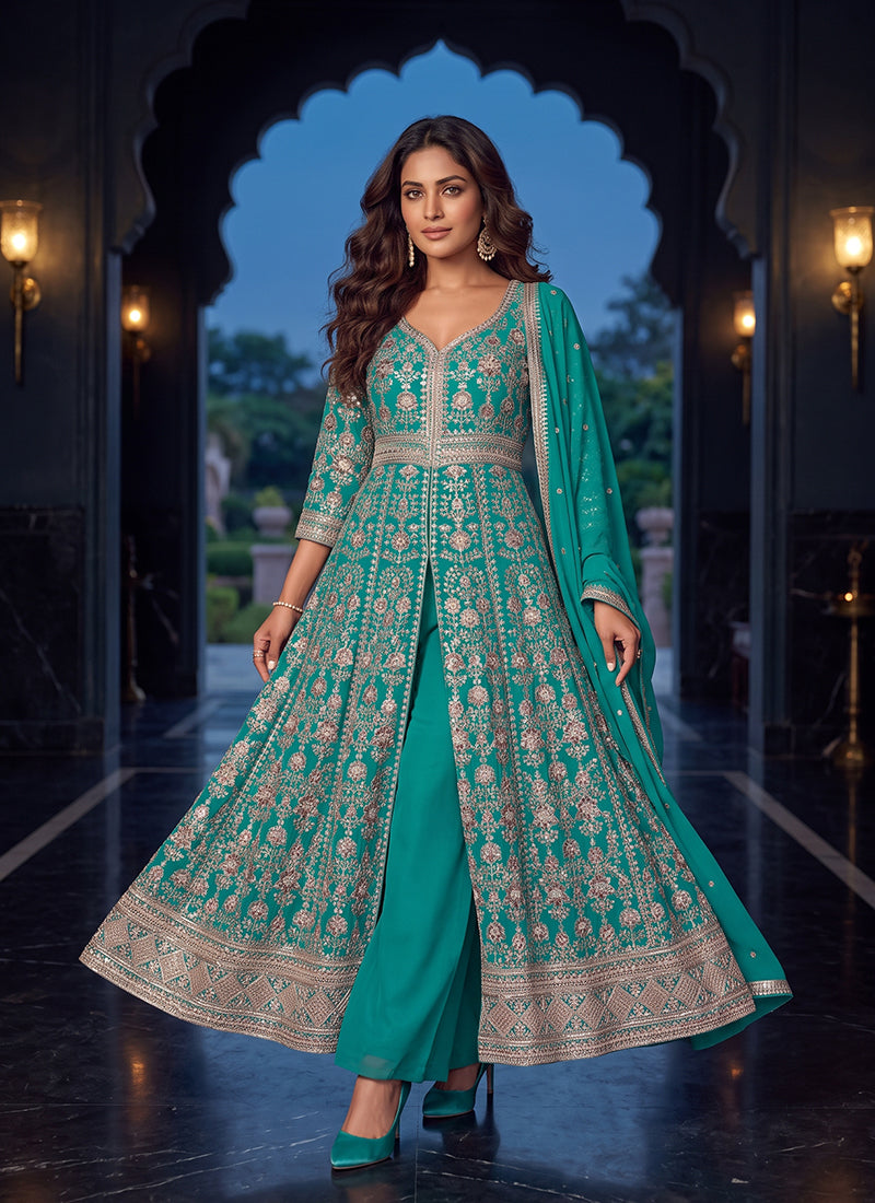 Purple Embroidered Slit Style Anarkali Palazzo Suit